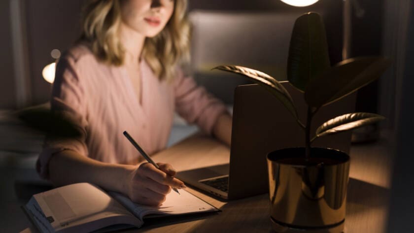 Beautiful blonde woman creating content