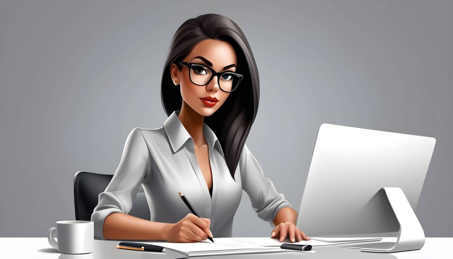 A beautiful blogger who writes a high-quality blog at her elegant desk, demonstrating self-confidence and professionalism in blog writing